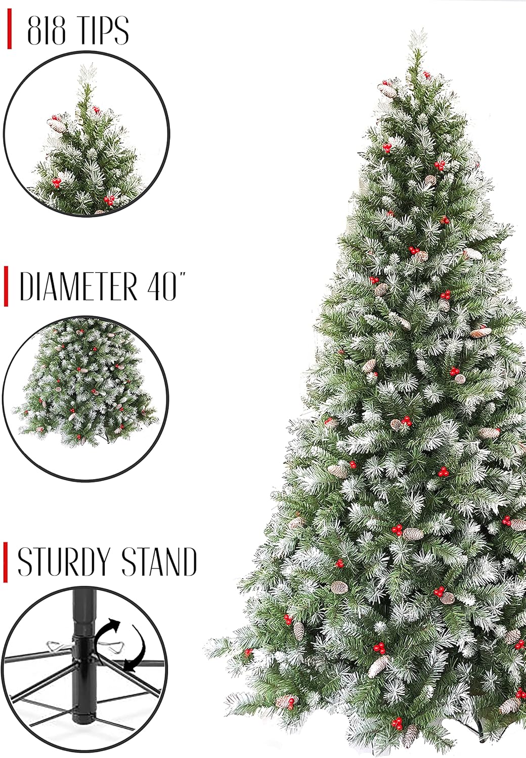Perfect Holiday 6.5' Frosted Iceland Mixed Pine with Pine Cones/Red Berries | 818 Tips, Dia 40"