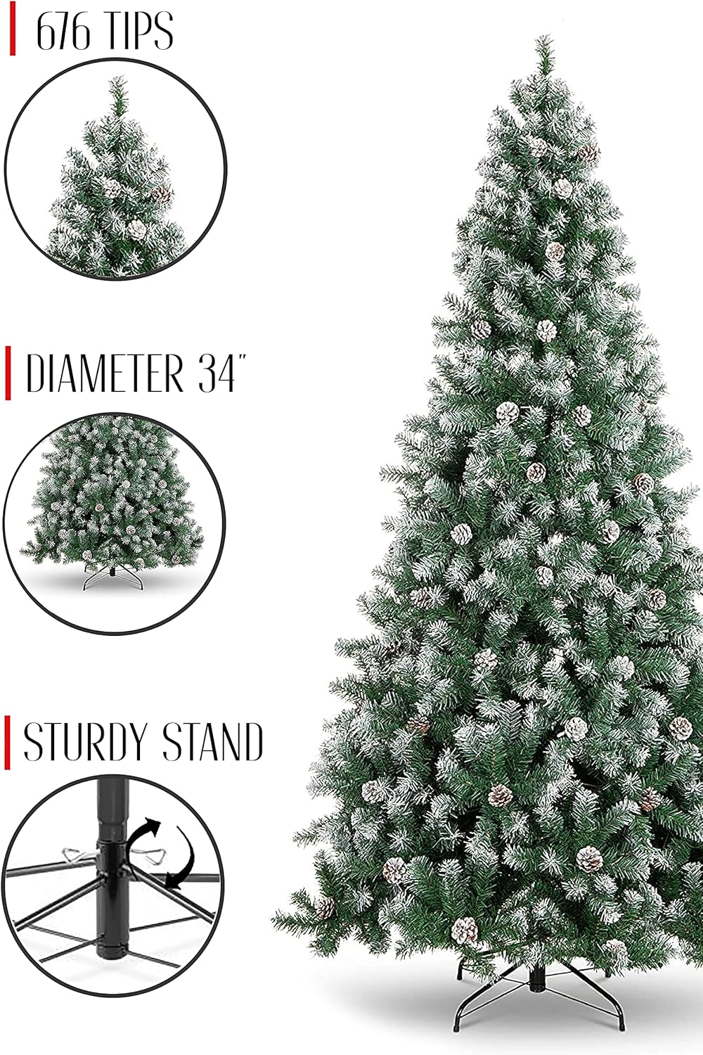 Perfect Holiday 5' Frosted Oregon Fir with Snow Dusted Pine Cones with Metal Stand | 676 Tips | Dia 34"