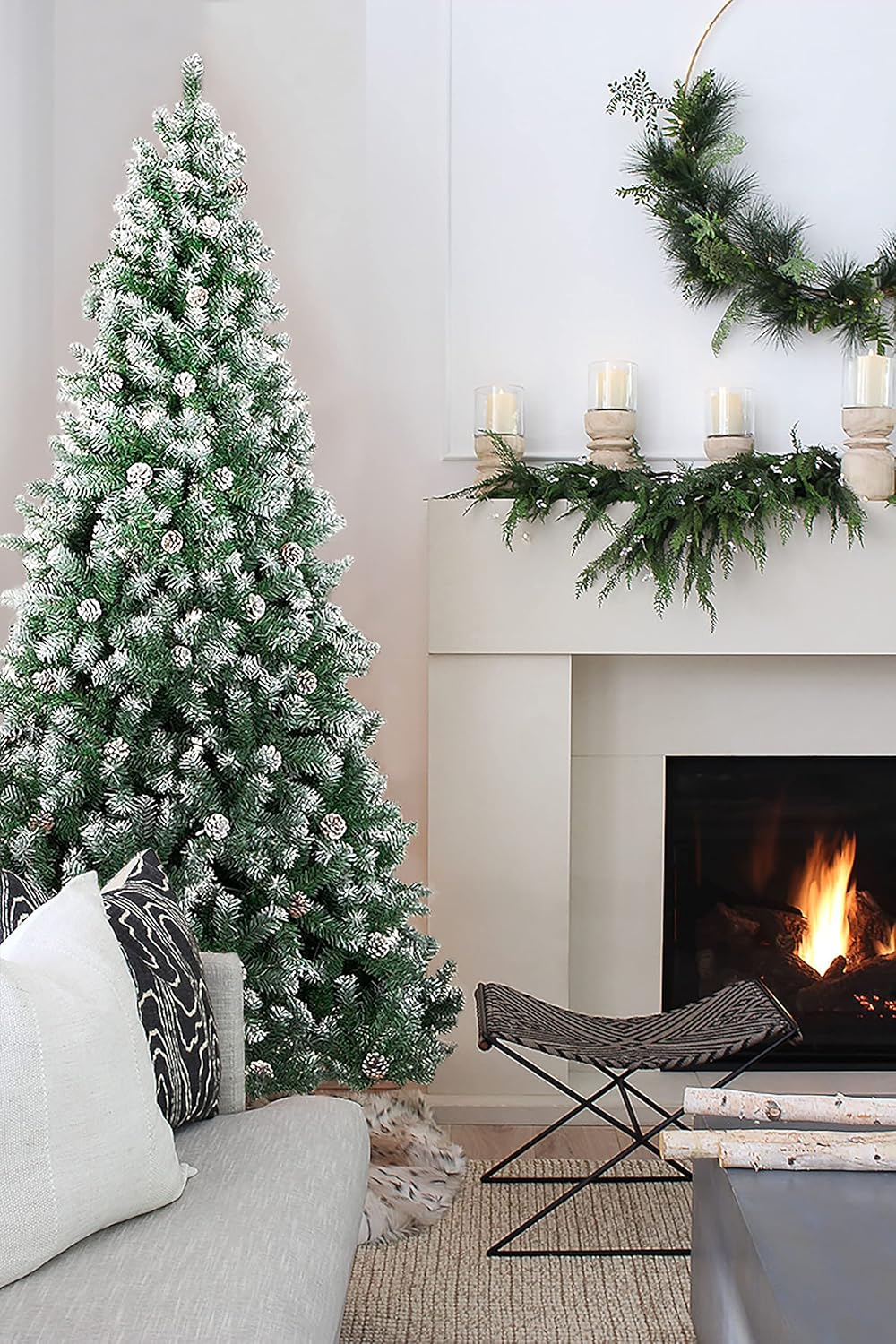 Perfect Holiday 5' Frosted Oregon Fir with Snow Dusted Pine Cones with Metal Stand | 676 Tips | Dia 34"