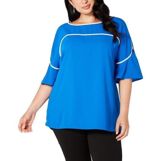 Alfani Womens Plus Piping Hi-Low Blouse Blue 1X