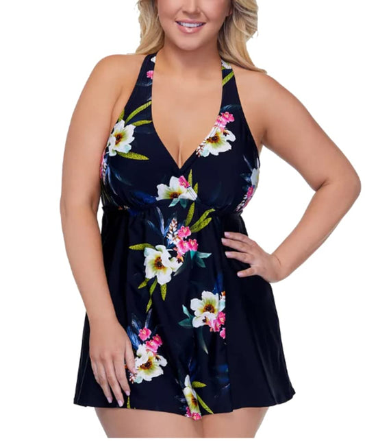 Island Escape Black Multi Plus Size Tahiti Beach Underwire Swimdress, 18W