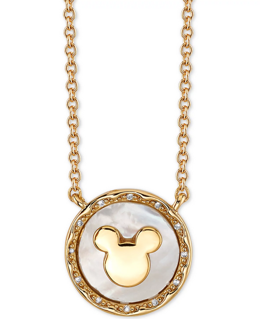 Disney Mickey Mouse Mother-of-Pearl Pendant Necklace in Fine Silver Plated Gold, 16" + 2" extender