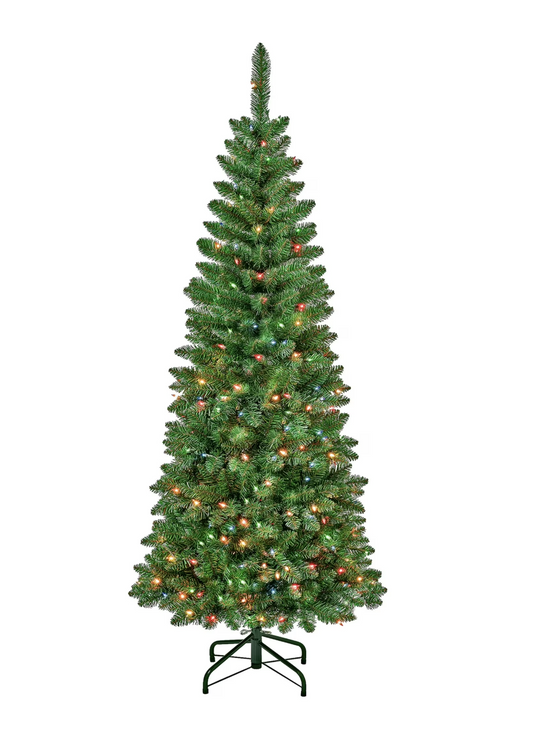National Tree Company Pre-Lit Artificial Pencil Slim Christmas Tree, Rowan, Green, Multicolor Lights, Includes Stand, 6 Feet.