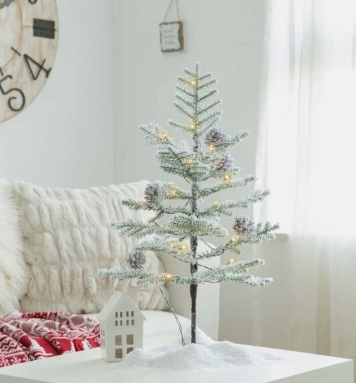 Glitzhome 2' Pre-Lit Upward Wrapped Flocked Pine Artificial Christmas Greenery Table Tree with 20 Warm White Lights