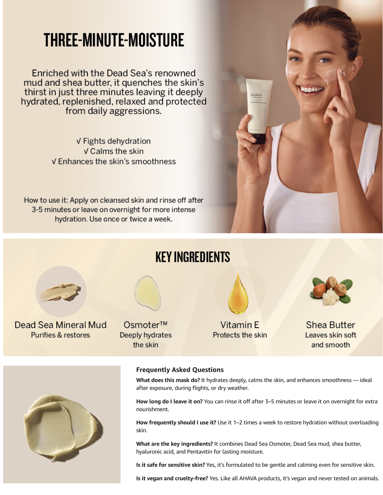 AHAVA Hydration Cream Mask - Replenishes, Fights Dehydration, Calms & Enhances Smoothness, Enriched by Exclusive Dead Sea Osmoter & Mud, Pentavitin, Vitamin E, Shea Butter & Hyaluronic Acid 3.4 Fl.Oz