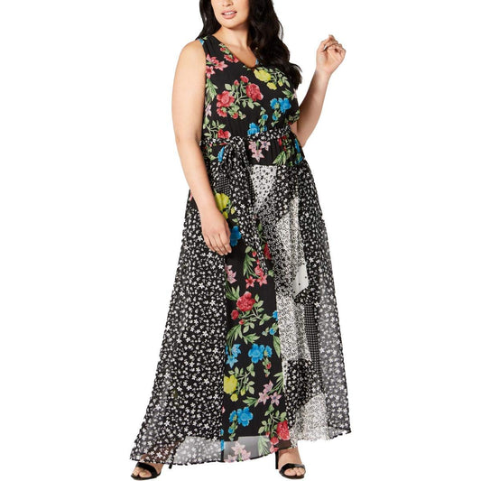 Calvin Klein Womens Plus Maxi Dress Patch Print V-Neck - Black Multi