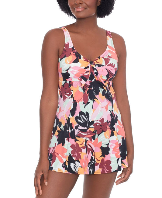 Swim Solutions Women's Black Printed Stretch Tummy Control Bust Support Waist Minimizer Sweetheart Fixed Cups Swimdress 16