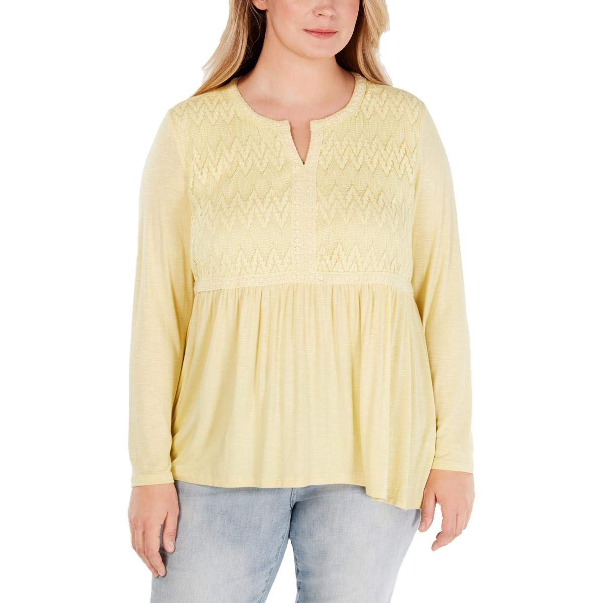 Style & Co. Womens Lace Bodice Baby Doll Blouse, Yellow, 2X