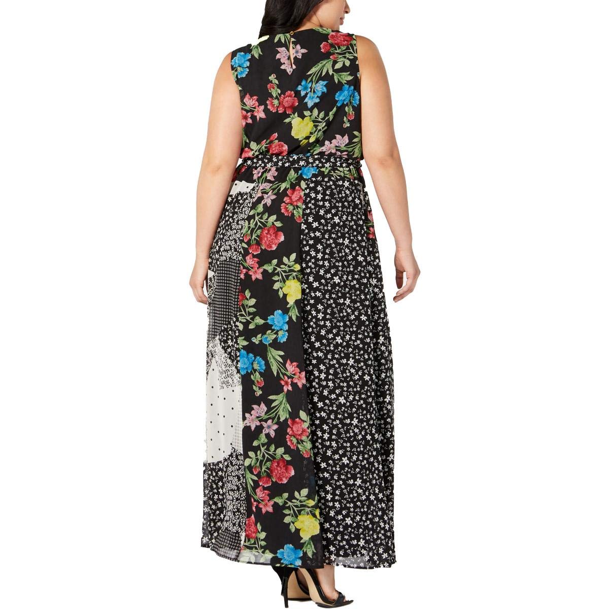 Calvin Klein Womens Plus Maxi Dress Patch Print V-Neck - Black Multi