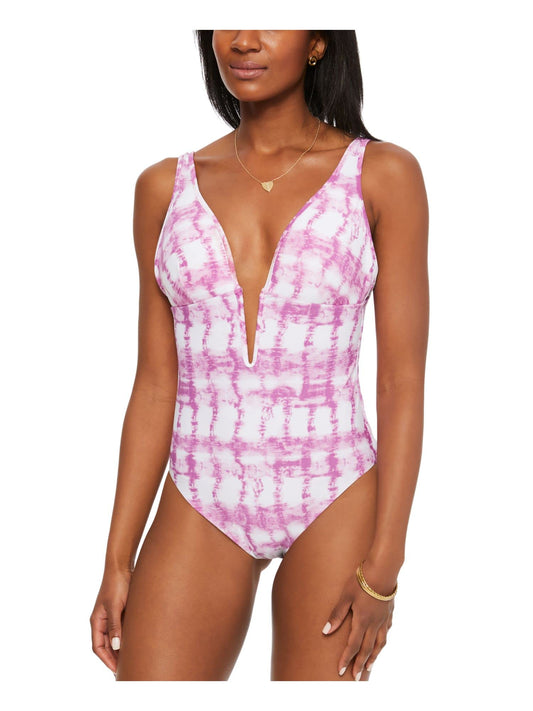Bar III Women's Swimwear Small Tie Dye Plunge One Piece Pink S