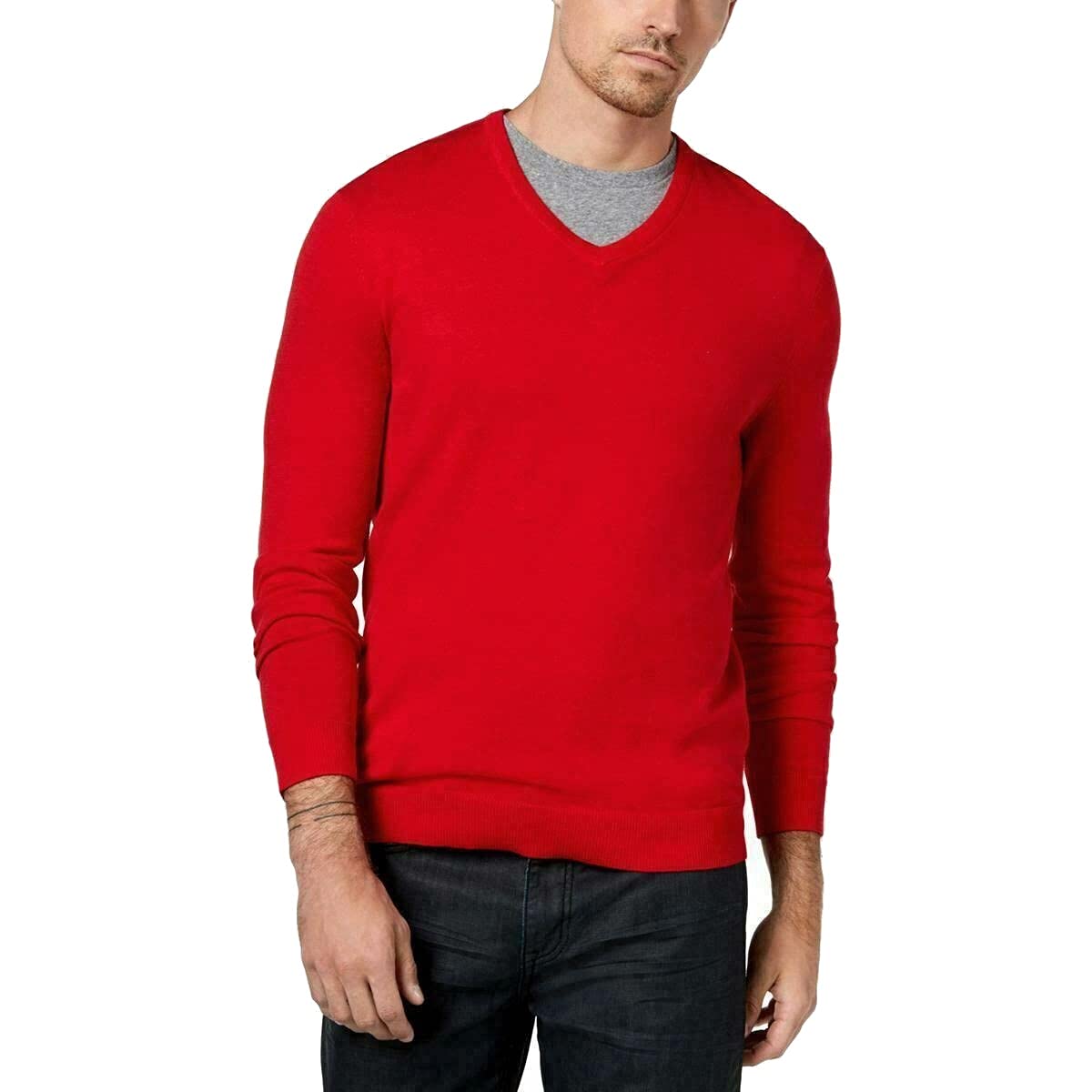 Alfani Mens V-Neck Ribbed Trim Sweater Red L