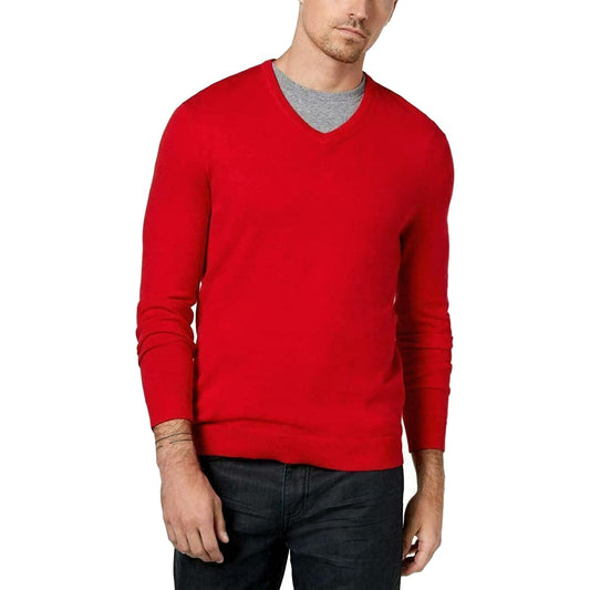 Alfani Mens V-Neck Ribbed Trim Sweater Red L