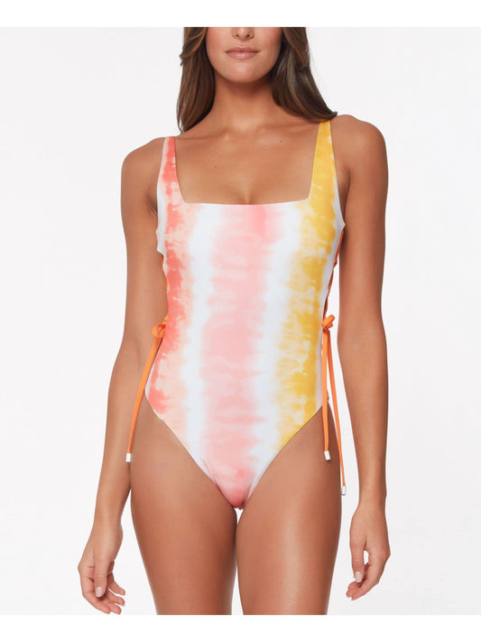 Sanctuary Women's Multi Color Tie Dye Stretch Lace-Up-Side Removable Cups Moderate Coverage Adjustable Desert Dreamer Square Neck One Piece Swimsuit L