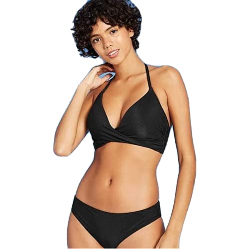 Shade & Shore Women's Lightly Lined Ribbed Wrap-Front Bikini Top Black
