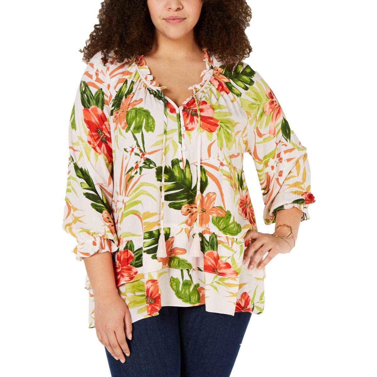 Style & Co. Womens Plus Floral Hi-Low Blouse Pink 1X