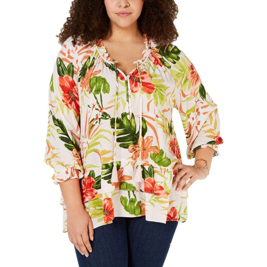 Style & Co. Womens Plus Floral Hi-Low Blouse Pink 1X