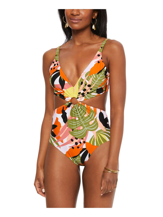 bar III Women's Green Printed Removable Cups Deep V Neck Cutout Ring One Piece Swimsuit XS