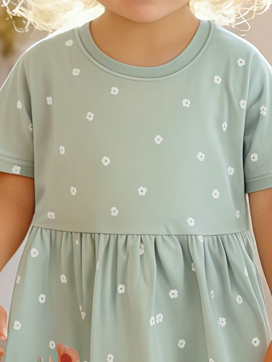 Summer Cartoon Short-sleeved Dress with Crew Neck for Stylish Girls-1