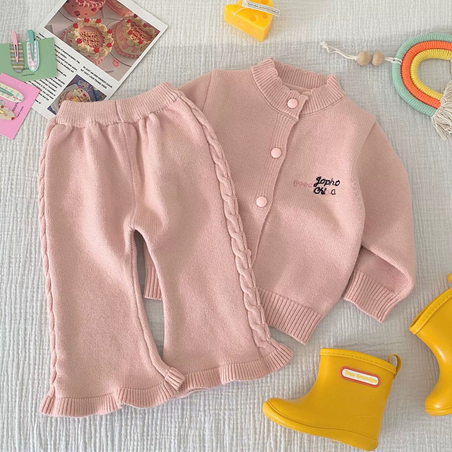 Winter and Autumn Baby Kids Girls Letters Pattern Long Sleeves Cardigan and Plain Pants Knitted Clothing Set-3