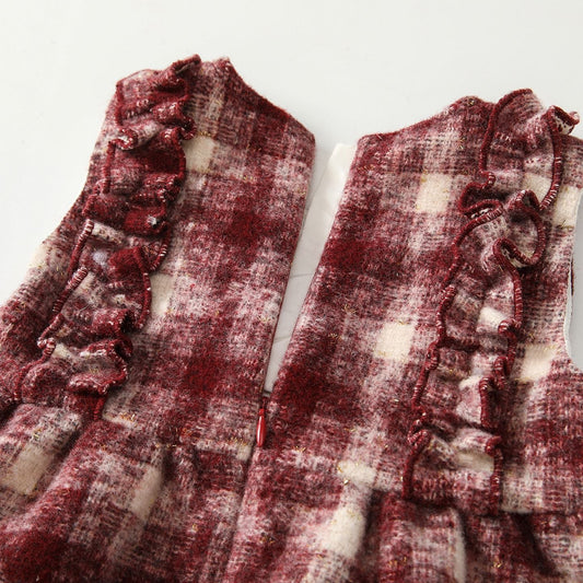 Winter Arrival Baby Kids Girls Cute Cherry and Plaid Pattern Sleeveless Dress with Hat