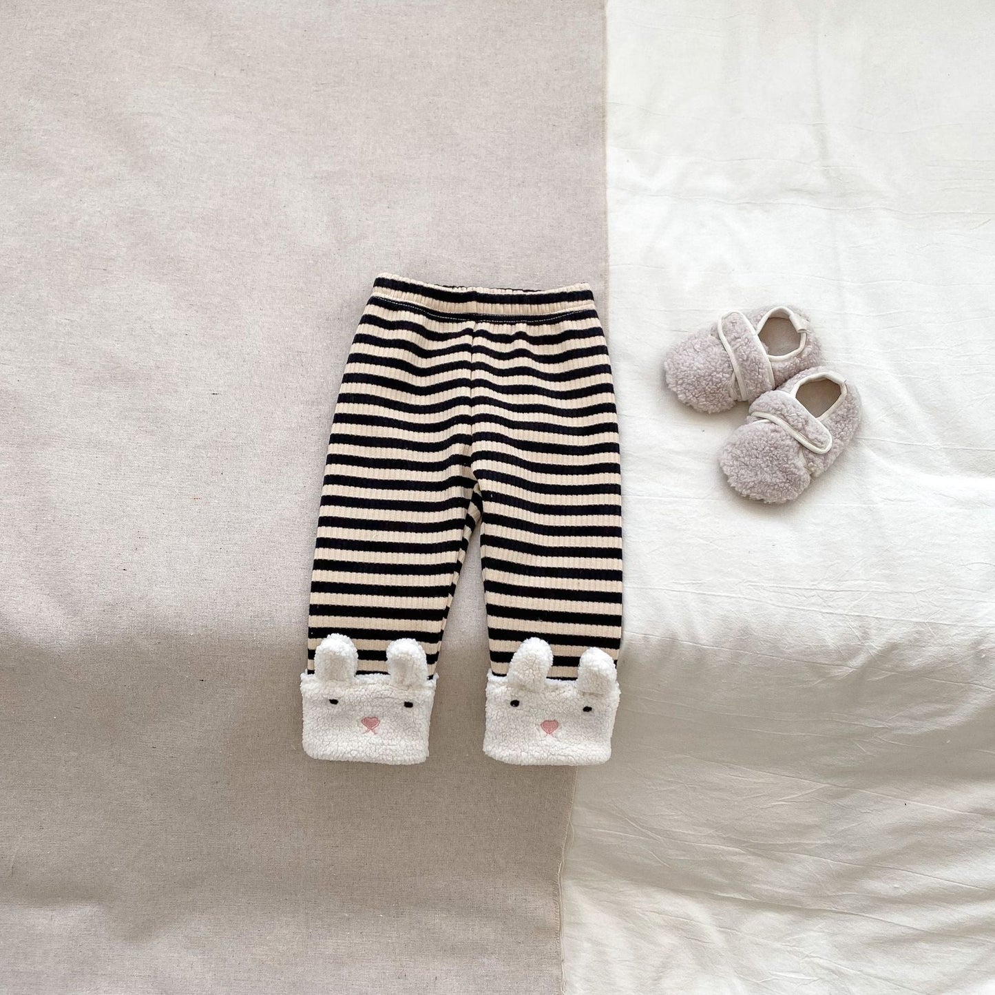 Winter Hot Selling Baby Unisex Long Sleeves Simple Rabbit Design Hooded Top Pullover and Striped Trousers Set-2