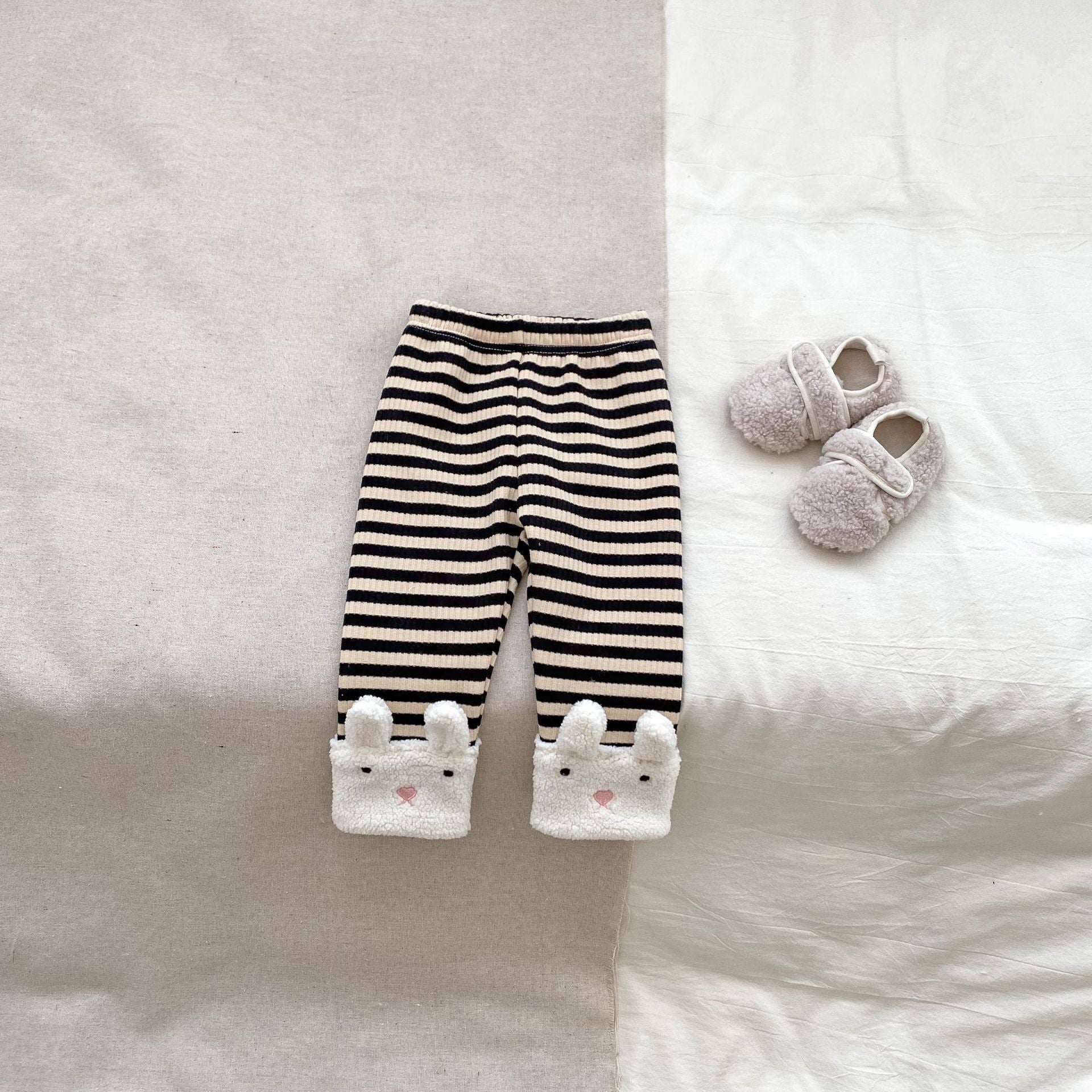 Winter Hot Selling Baby Unisex Long Sleeves Simple Rabbit Design Hooded Top Pullover and Striped Trousers Set-2