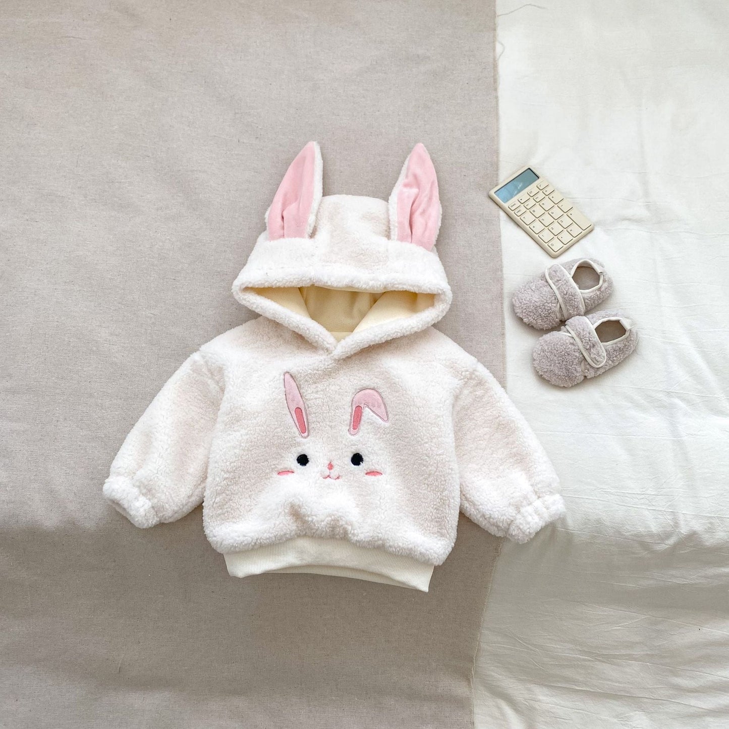 Winter Hot Selling Baby Unisex Long Sleeves Simple Rabbit Design Hooded Top Pullover and Striped Trousers Set-3