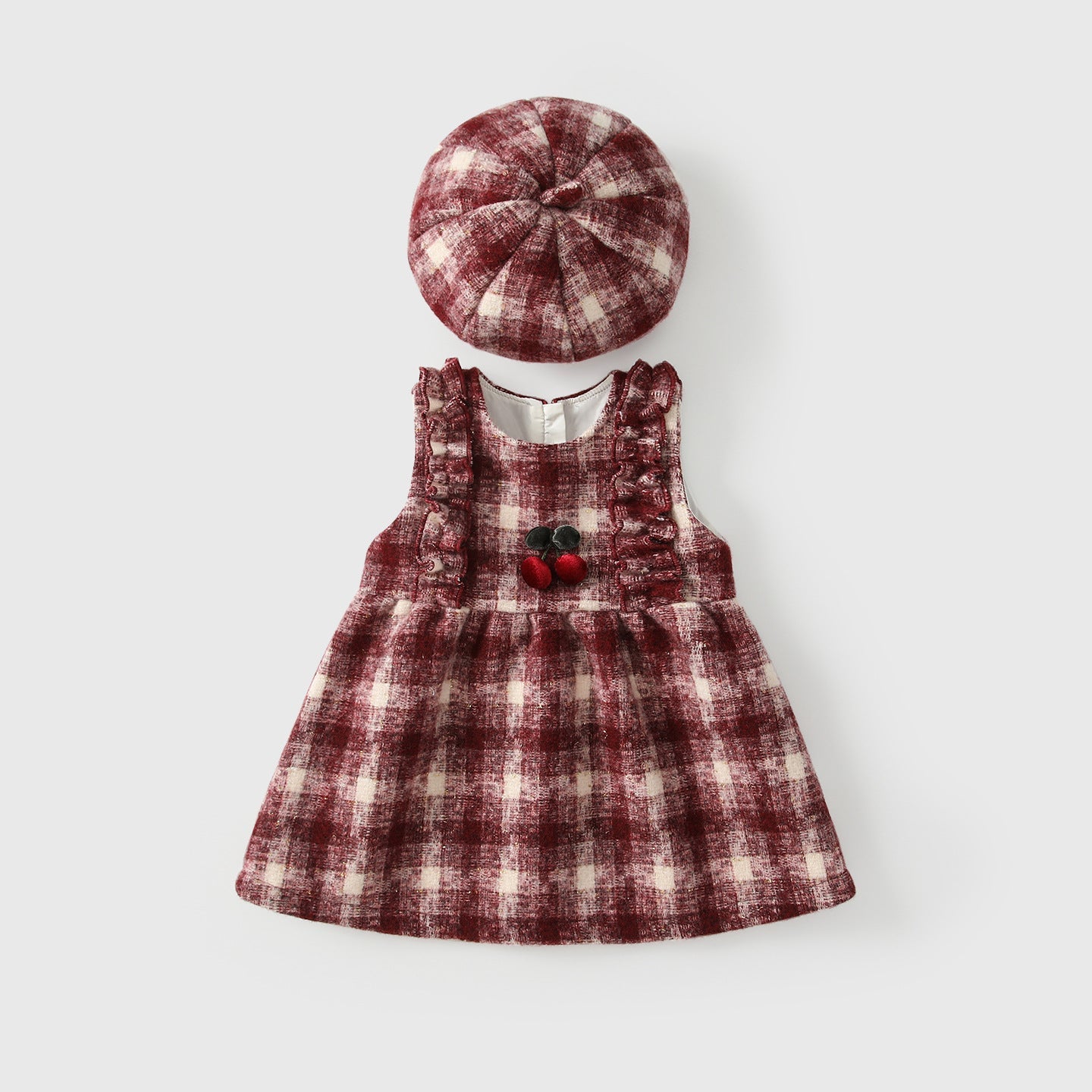 Winter Arrival Baby Kids Girls Cute Cherry and Plaid Pattern Sleeveless Dress with Hat