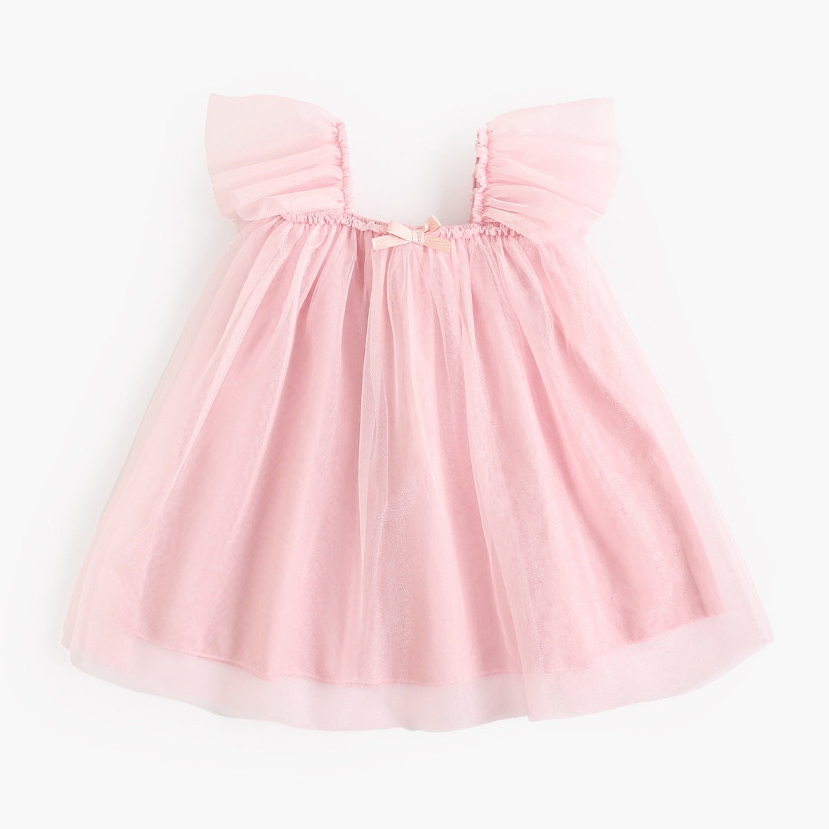Summer Arrival Baby Girls Holiday Solid Color Princess Square Neck Mesh Strap Dress