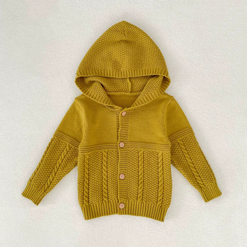 Autumn Arrival Baby Unisex Comfortable Solid Color Geometric Pattern Knitted Long Sleeves Cardigan with Hood-2