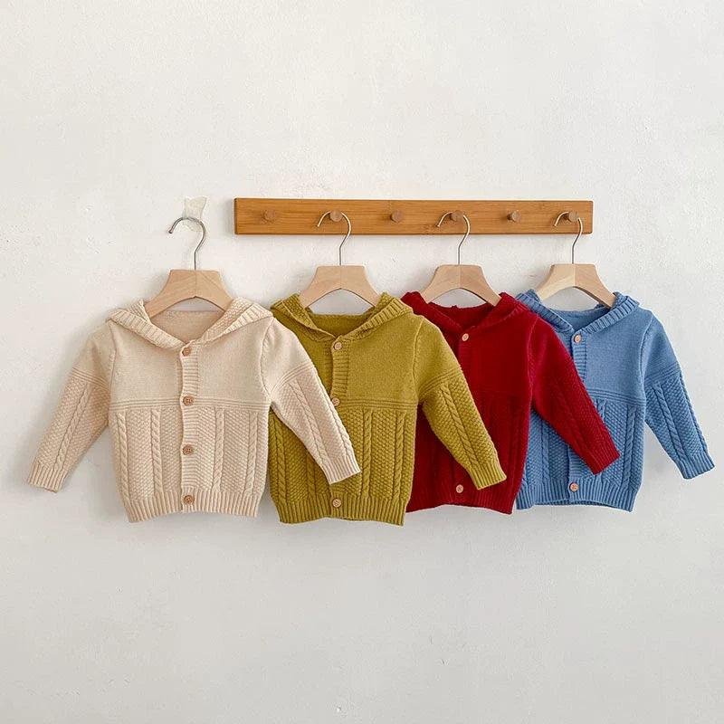 Autumn Arrival Baby Unisex Comfortable Solid Color Geometric Pattern Knitted Long Sleeves Cardigan with Hood-3