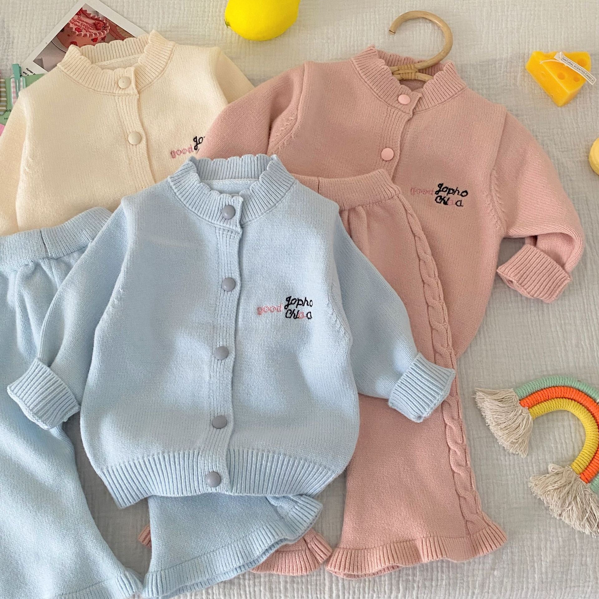 Winter and Autumn Baby Kids Girls Letters Pattern Long Sleeves Cardigan and Plain Pants Knitted Clothing Set-0