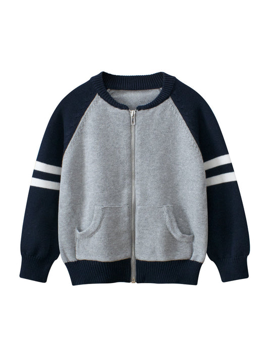 Spring European and American Style Boys’ Outerwear: Striped Long Sleeves Single Breasted Knitted Coat for Children-0