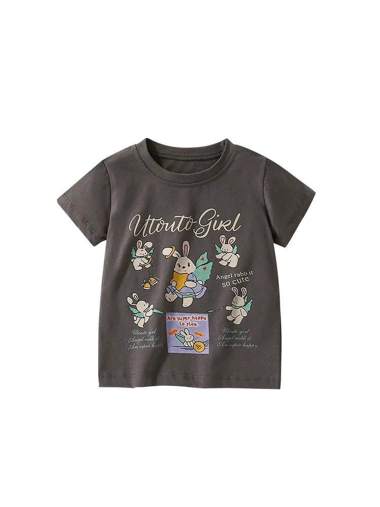 Summer Arrival Girls’ Rabbits Cartoon and Letters Pattern Short Sleeves T-shirt in European and American Style-4