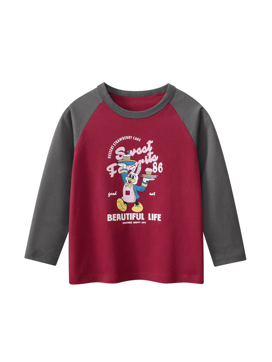 Autumn Arrival Kids Girls Cartoon Print Crew Neck Long Sleeves Color Patchwork Shirt-0