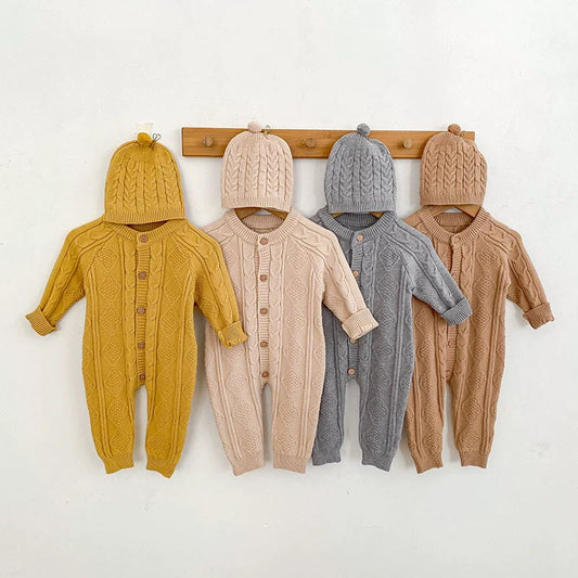 Autumn Arrival Unisex Baby’s Solid Color Geometric Jacquard Pattern Knitted Rompers-0