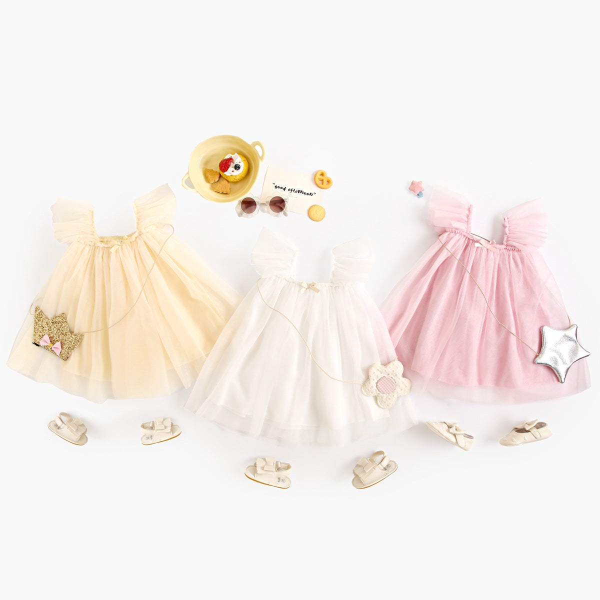 Summer Arrival Baby Girls Holiday Solid Color Princess Square Neck Mesh Strap Dress