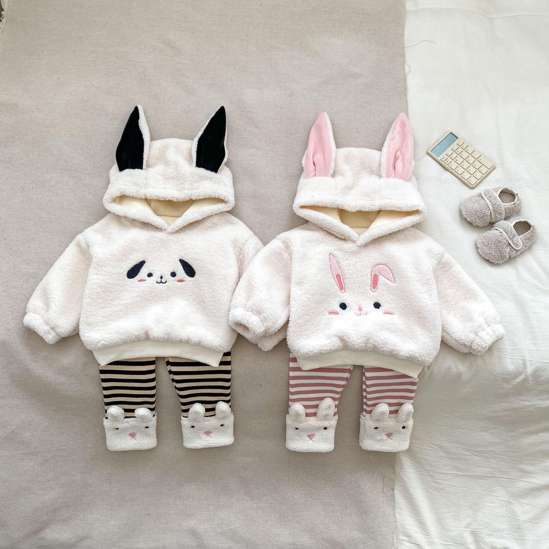 Winter Hot Selling Baby Unisex Long Sleeves Simple Rabbit Design Hooded Top Pullover and Striped Trousers Set-0