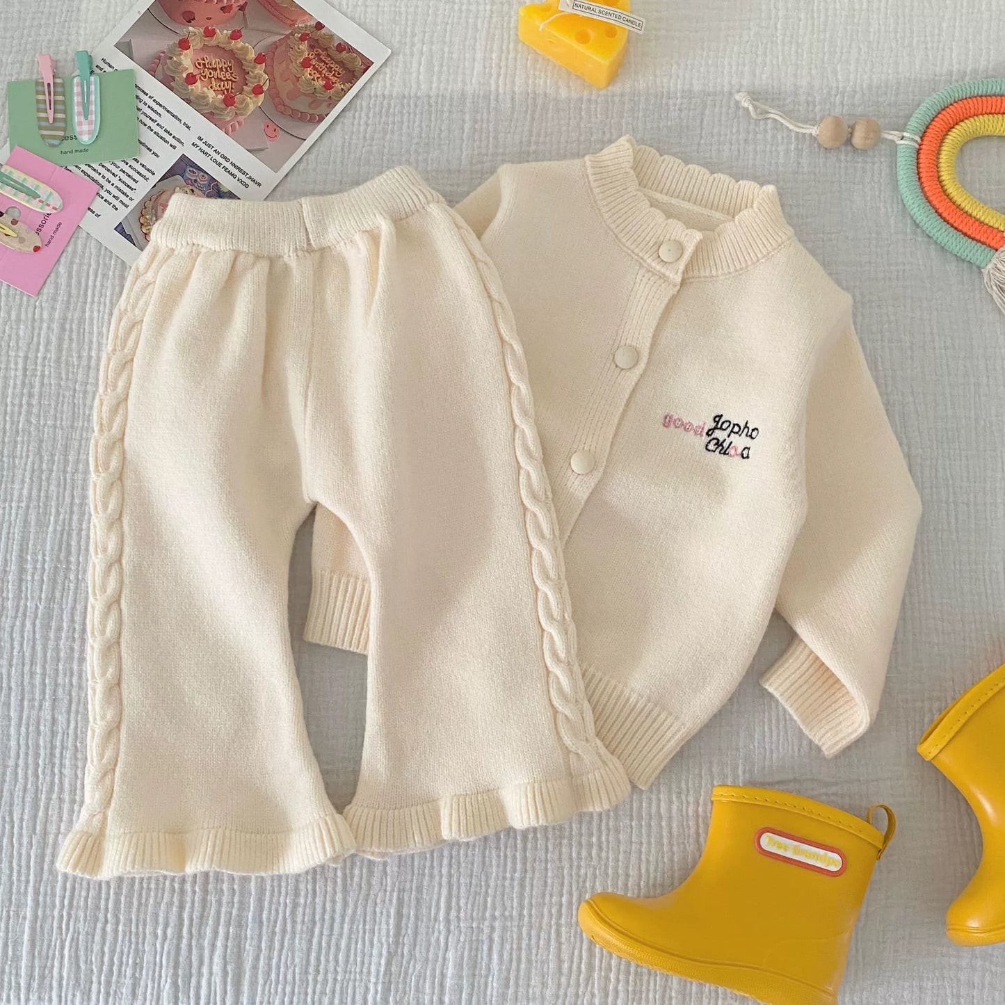 Winter and Autumn Baby Kids Girls Letters Pattern Long Sleeves Cardigan and Plain Pants Knitted Clothing Set-1